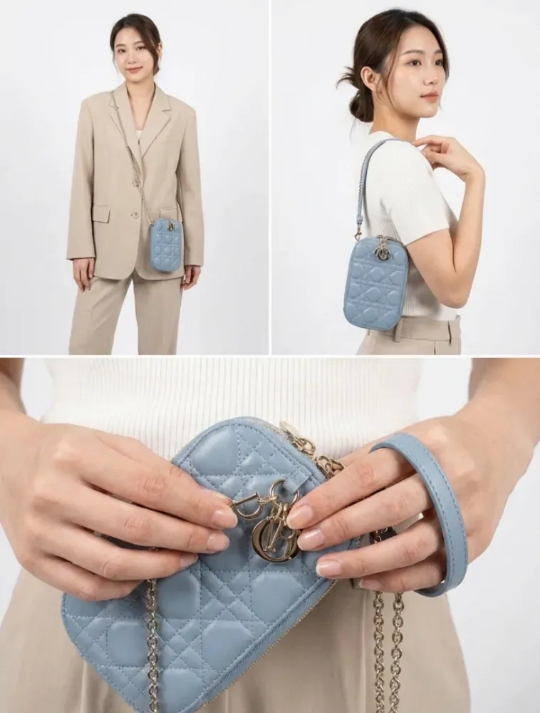 디올 레이디 여성 까나쥬 램스킨 콜인 폰 홀더 체인 미니백 사진 2