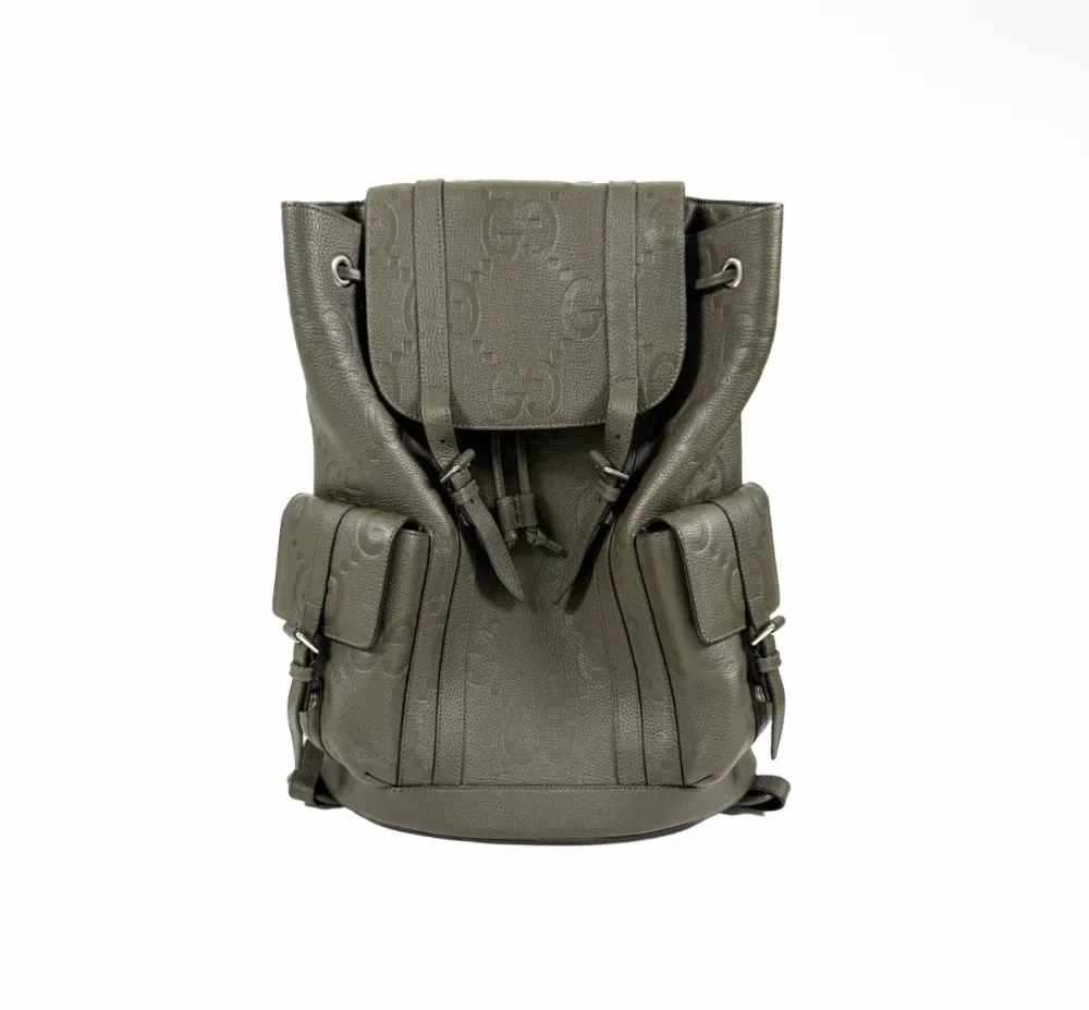 구찌 남성 점보 GG 로고 레더 백팩 라지 다크 그린 사진 1