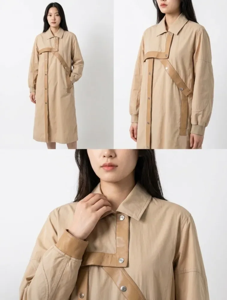에르메스 25fw 여성 언발란스 레더 믹스 트렌치 코트 사진 2