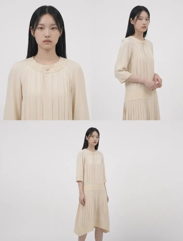 샤넬 CC로고 단추 플리츠 실크 원피스 드레스 아이보리 사진 2