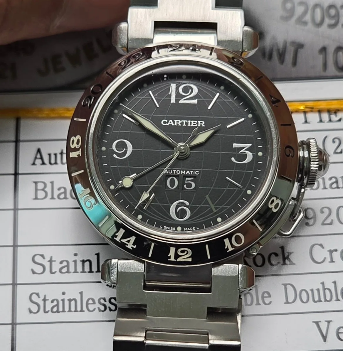 까르띠에 파샤 GMT 지구본 블랙판 빅데이트 36mm 브레이슬릿