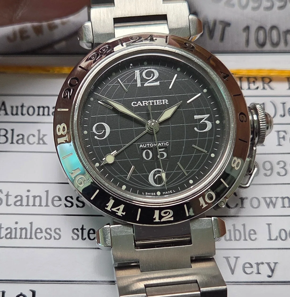까르띠에 파샤 GMT 지구본 블랙판 빅데이트 36mm 브레이슬릿 사진 1