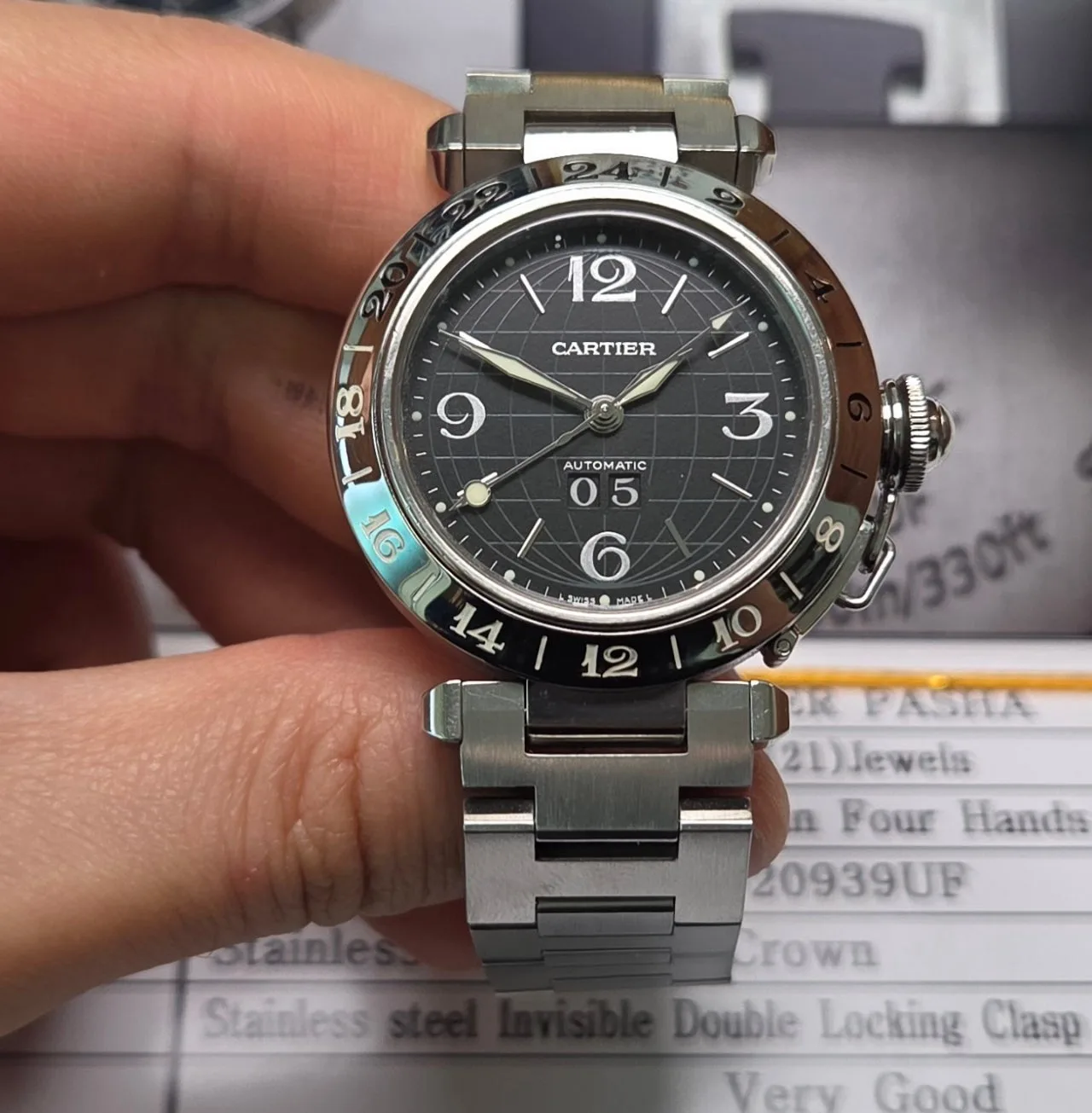 까르띠에 파샤 GMT 지구본 블랙판 빅데이트 36mm 브레이슬릿 사진 8