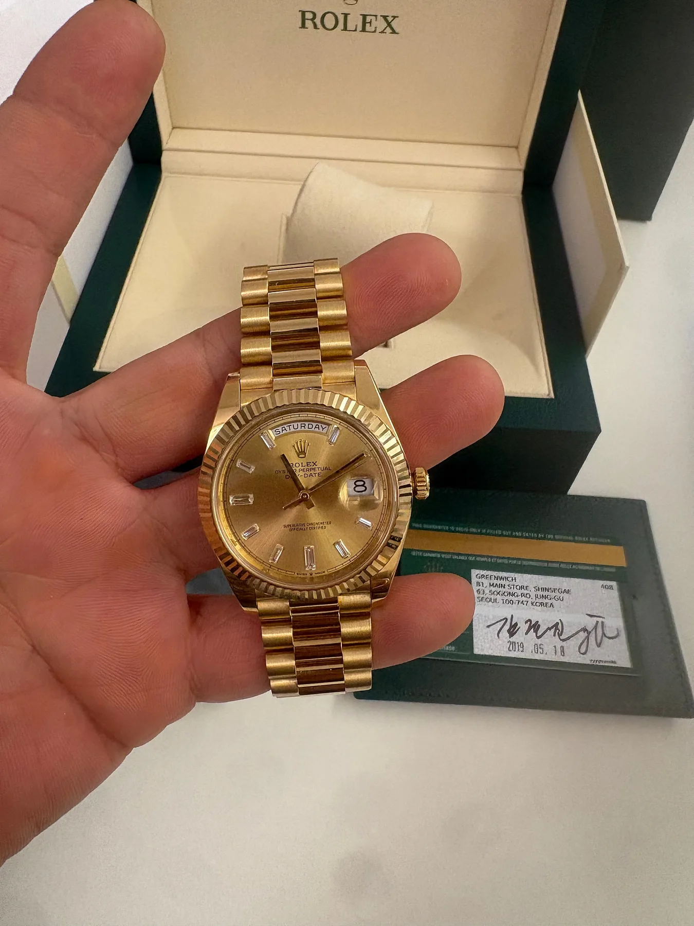 롤렉스 데이데이트 옐골 샴페인 바겟다이아 2019 사진 7